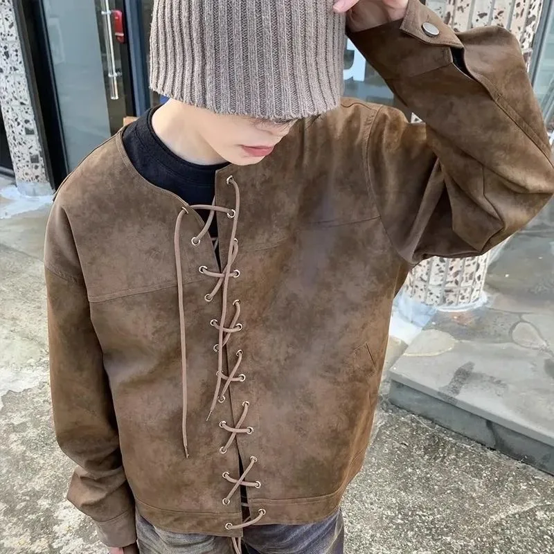 

Vintage Heavy Weight PU Leather Jacket For Men Spring And Autumn Double Breasted Drawstring Long Sleeve Tops Outdoor Loose Coat