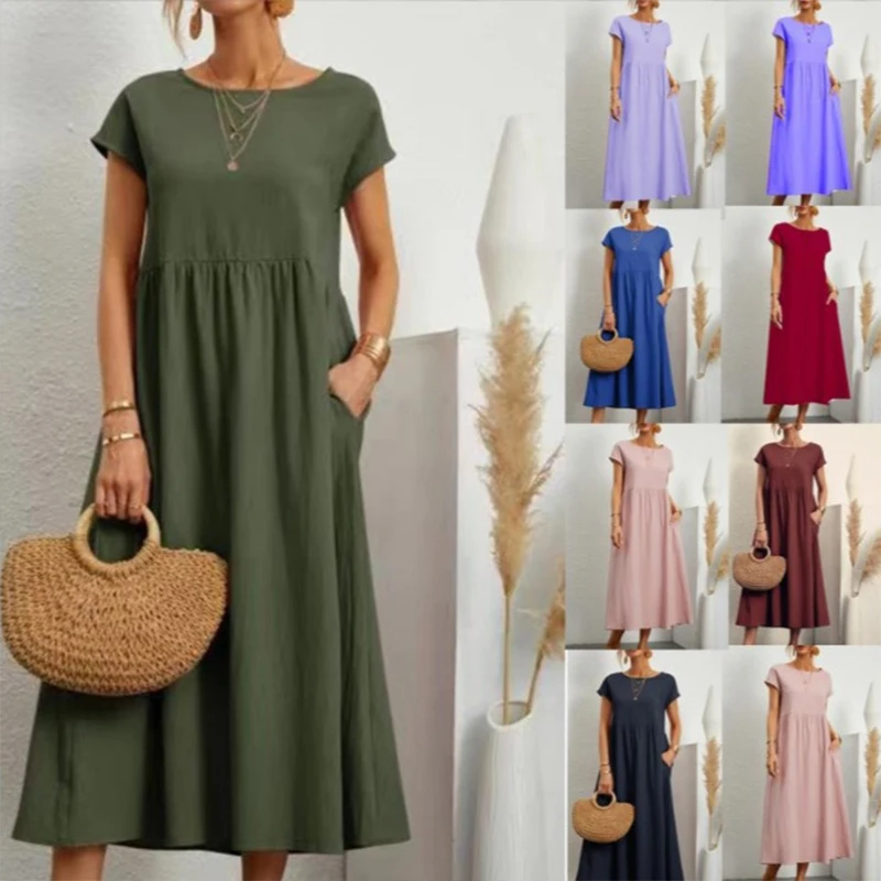 Elegant Women's Summer White Maxi Dress Large Size Vintage Solid Short Sleeve Green Sundress Plus Size Pockets Long Dresses