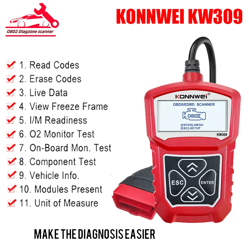 

KONNWEI KW309 Code Reader OBDII EOBD Scanning Machine 7 Languages Car Diagnostic Tool Auto Scanner PK KW208/KW510/KW310/KW650