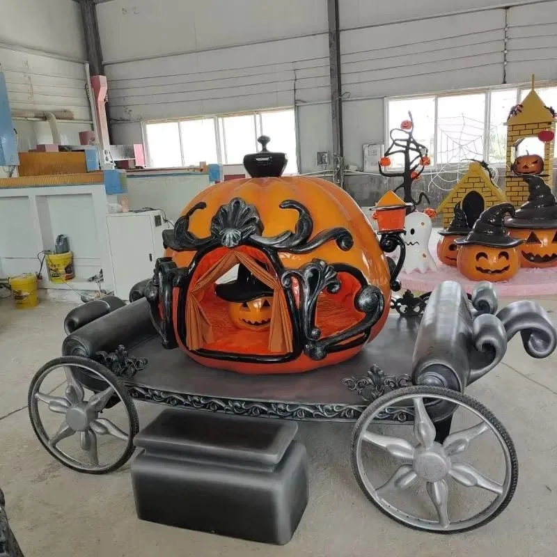 Halloween Garden Fiberglass Resin Pumpkin Sculpture Giant Pumpkin Carriage 3D LED Decoration