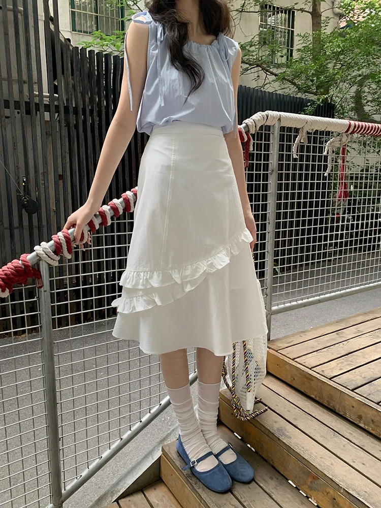 

White High Waist A-Line Skirt Women's Summer 2026 New Sle f-length Skirt with Lace Trim High Quali Ladies Skirt