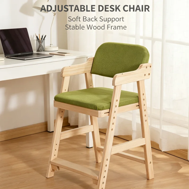 Adjustable Solid Wood Chair With Green Cushion For Study Room Dining Area Home Office Extra Seating Comfortable rest
