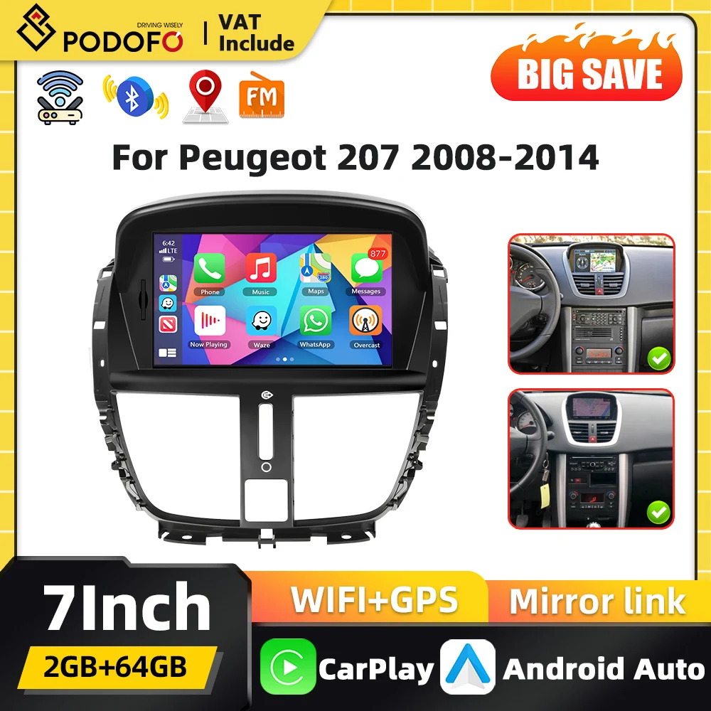 Autoradio Podofo 7'' Android 2din Carplay pour Peugeot 207 2008 2009-2014 Android auto Bluetooth GPS Navigation FM RDS Receiver