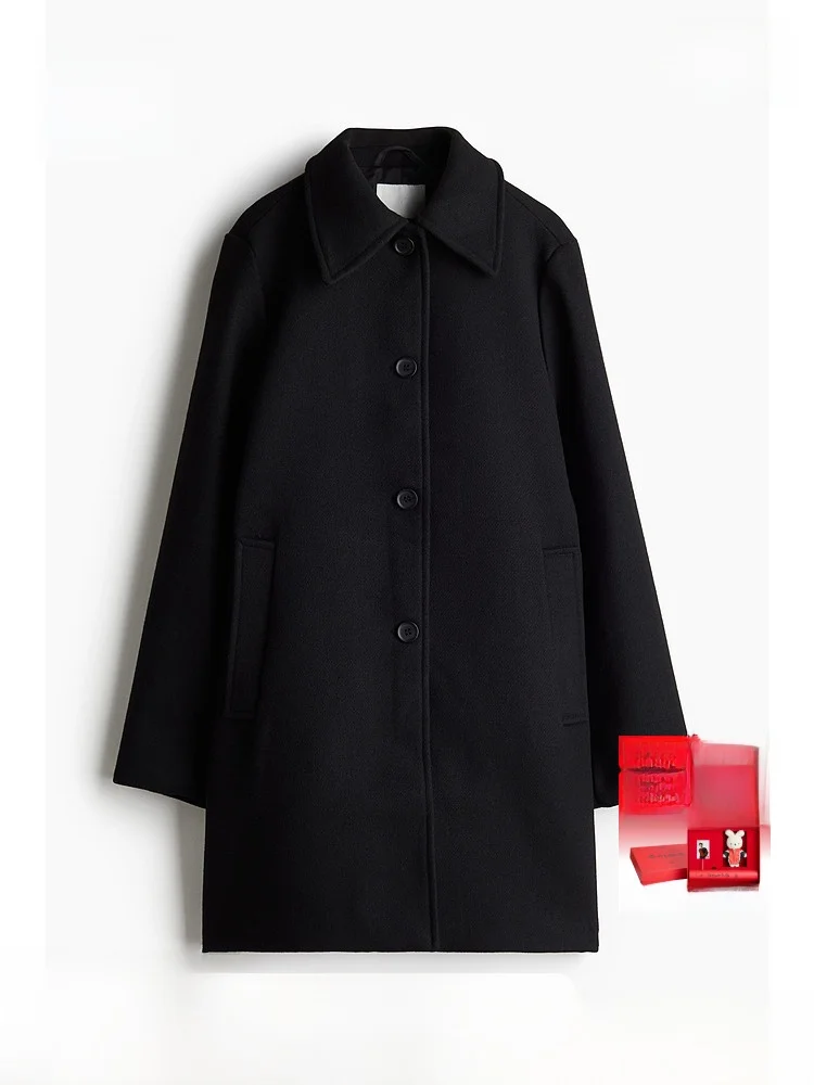 

H&M Women's Woolen Coat Winter Loose Felt Button Collar Knee-Length Coat 2555 Ele Faion Ladies' Autumn Winter Outerwear