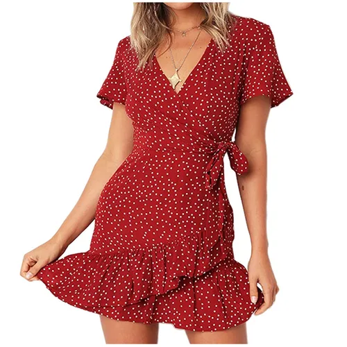 Vestido de mujer Borgoña de lunares con cuello en V, vestido dulce para mujer, mangas cortas y cintura, ropa bonita para ir al trabajo en verano