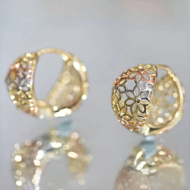 Vintage Floral Hoop Earrings - Hand-Carved Flower Design, E…