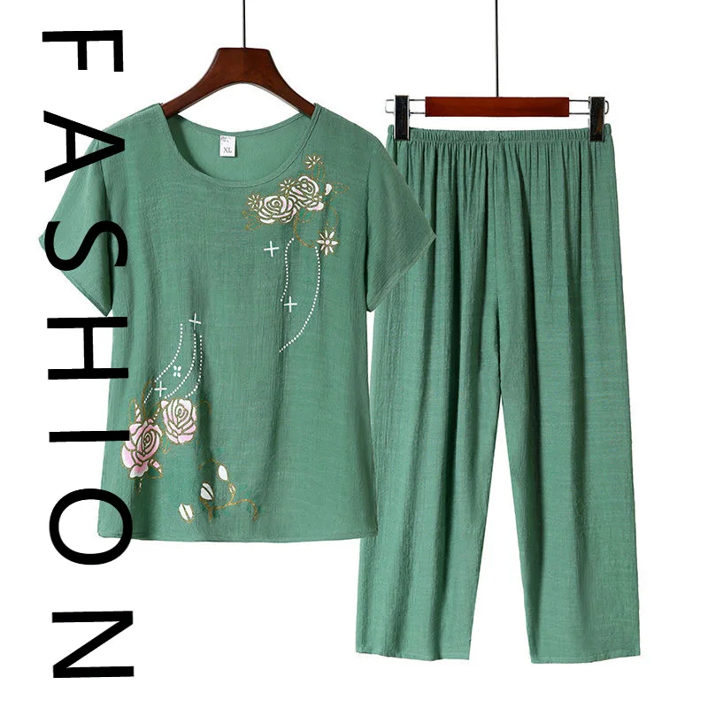 

Хлопковые и льняные пижамы для мам, женские летние костюмы с короткими рукавами, летние тонкие повседневные домашние костюмы для пожилых людей, можно носить новый режим