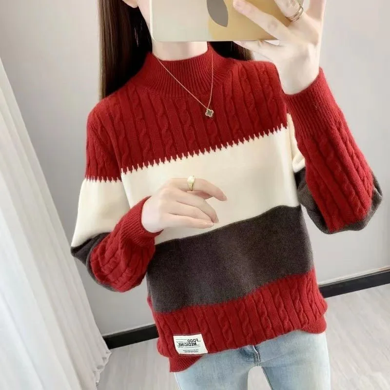 

New Autumn/Winter Fashion Korean Edition Colored Half High Neck Loose Versatile Western Style Slim Long Sleeve Women's Sweater