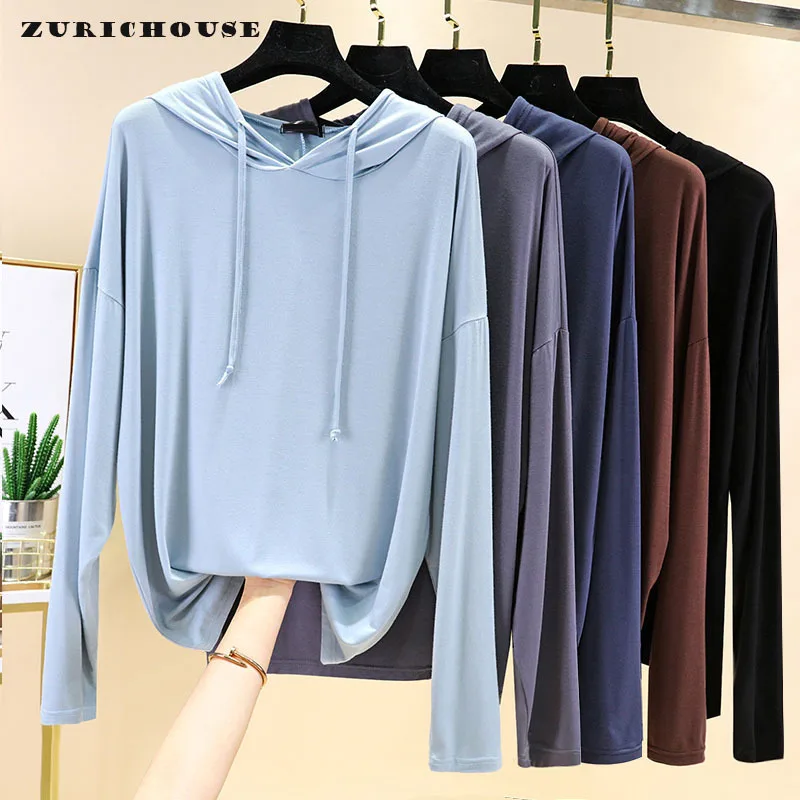 ZURICHOUSE Oversized Hooded T Shirt Women Long Sleeve Loose Casual Fashion Spring Summer Thin Section Female Tee Top With Hat