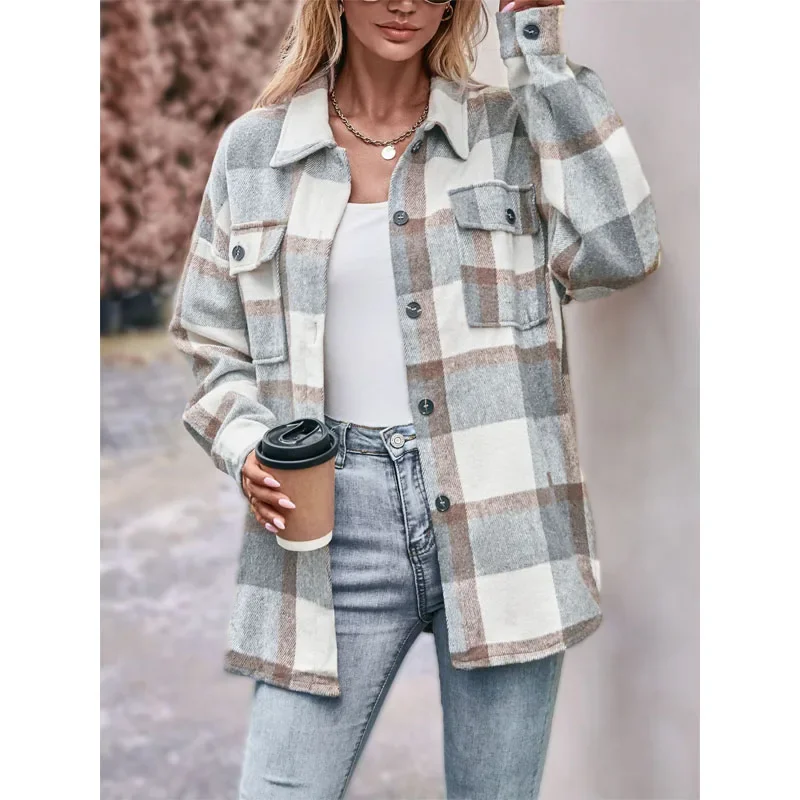 2023 New Autumn Casual Simple Polo Collar Panel Button Comfortable Plaid Long Sleeve Temperament Commuter Loose Women\'s Shirt