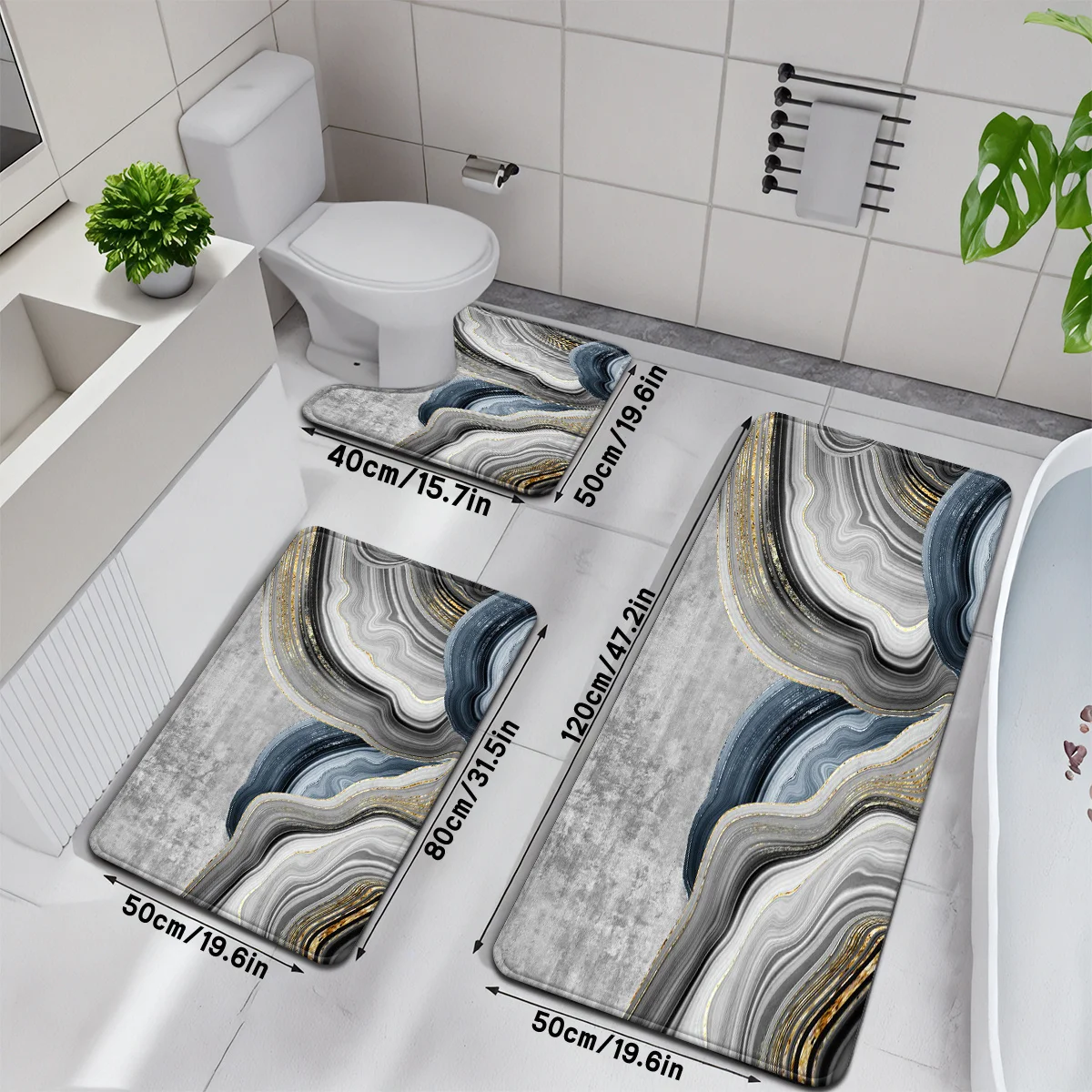 

Modern 4 Piece Bathroom Rug Set Abstract Agate Wave Design Toilet Mat Contour Rug Shower Mat Non Slip Soft Bath Mats