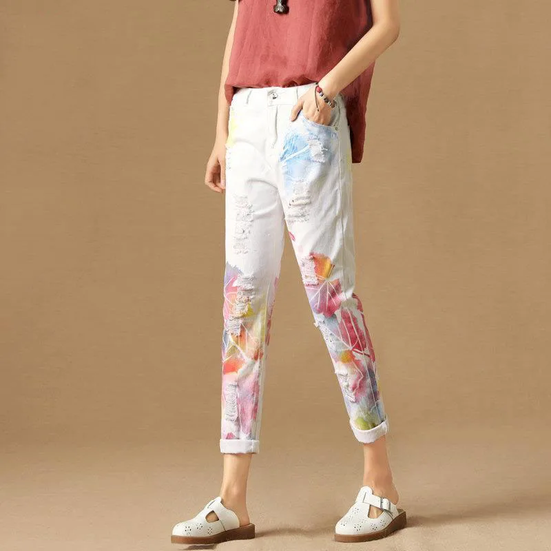 

White jeans Vintage Hole Ankle-length Denim Jeans Female Casual Loose Harem Pant Trousers Clothes