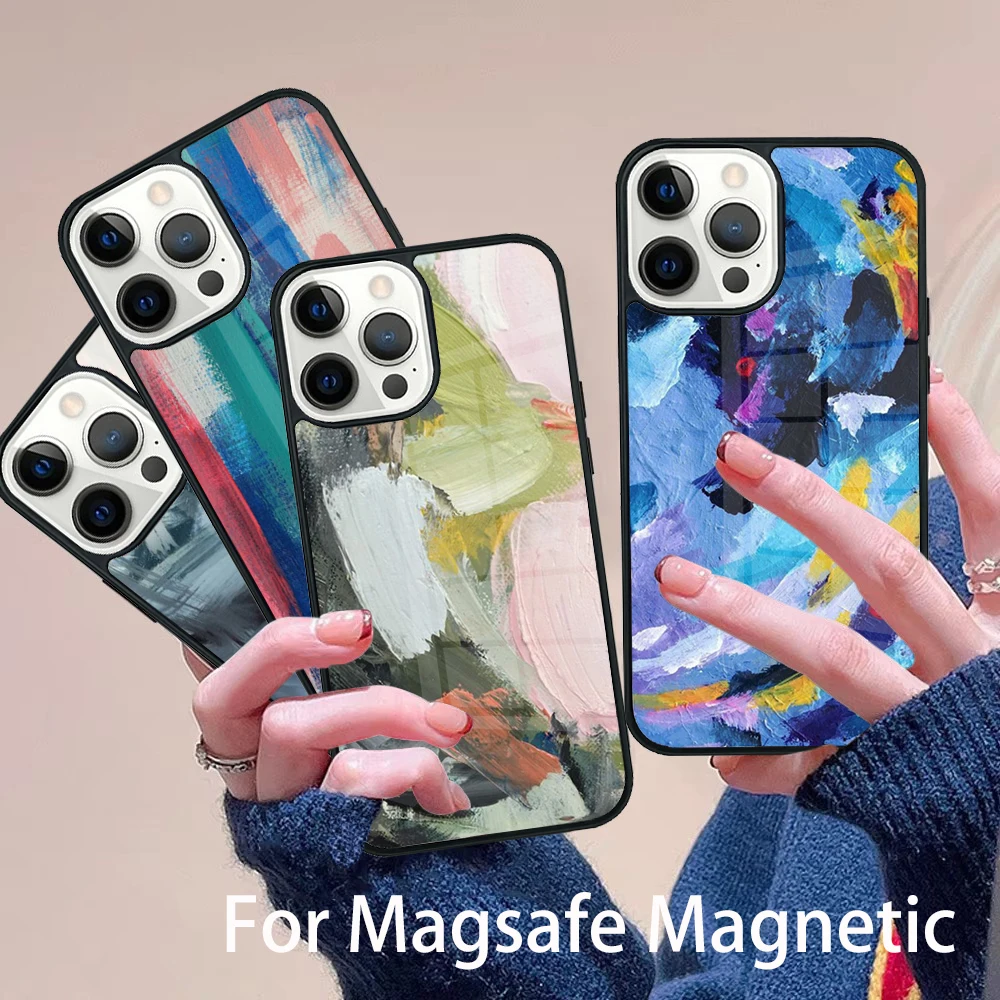 

Oil painting graffiti Phone Case Magesafe Magnetic Wireless Charge Cover For IPhone 16 11 12 13 14 15 Pro Max Plus Mini