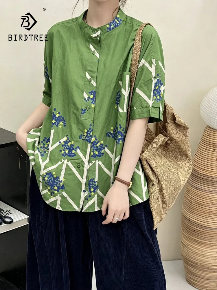 

New 2026 Summer Women Cotton Short Sleeve Shirt, Stand Graffiti Printed, Mori Girl Japan Style Versatile Loose Blouse T66326CC