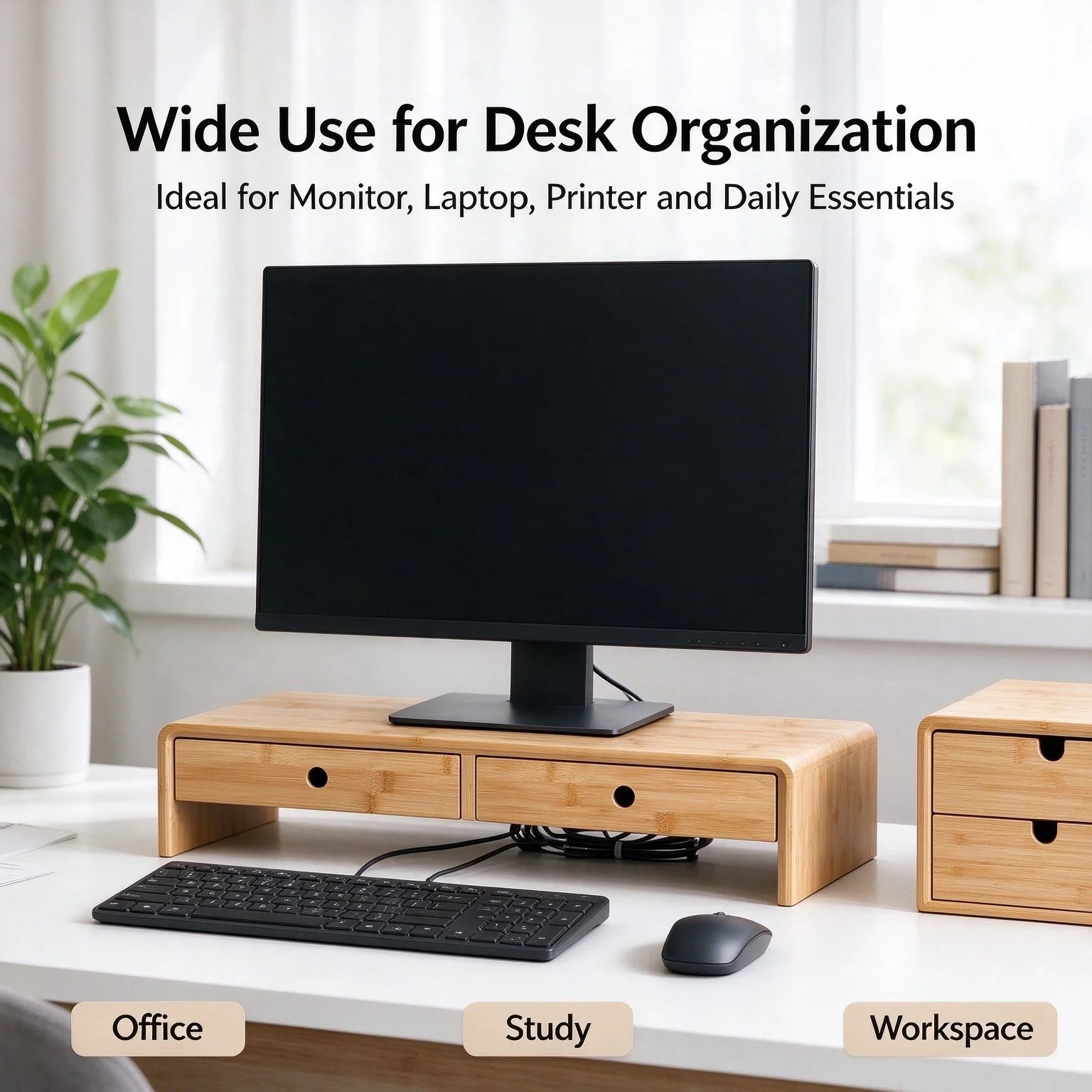 Bamboo Monitor Riser with 2 Drawers, Desk Organizer, Computer Monitor Stand for Laptop, Printer, Home Office