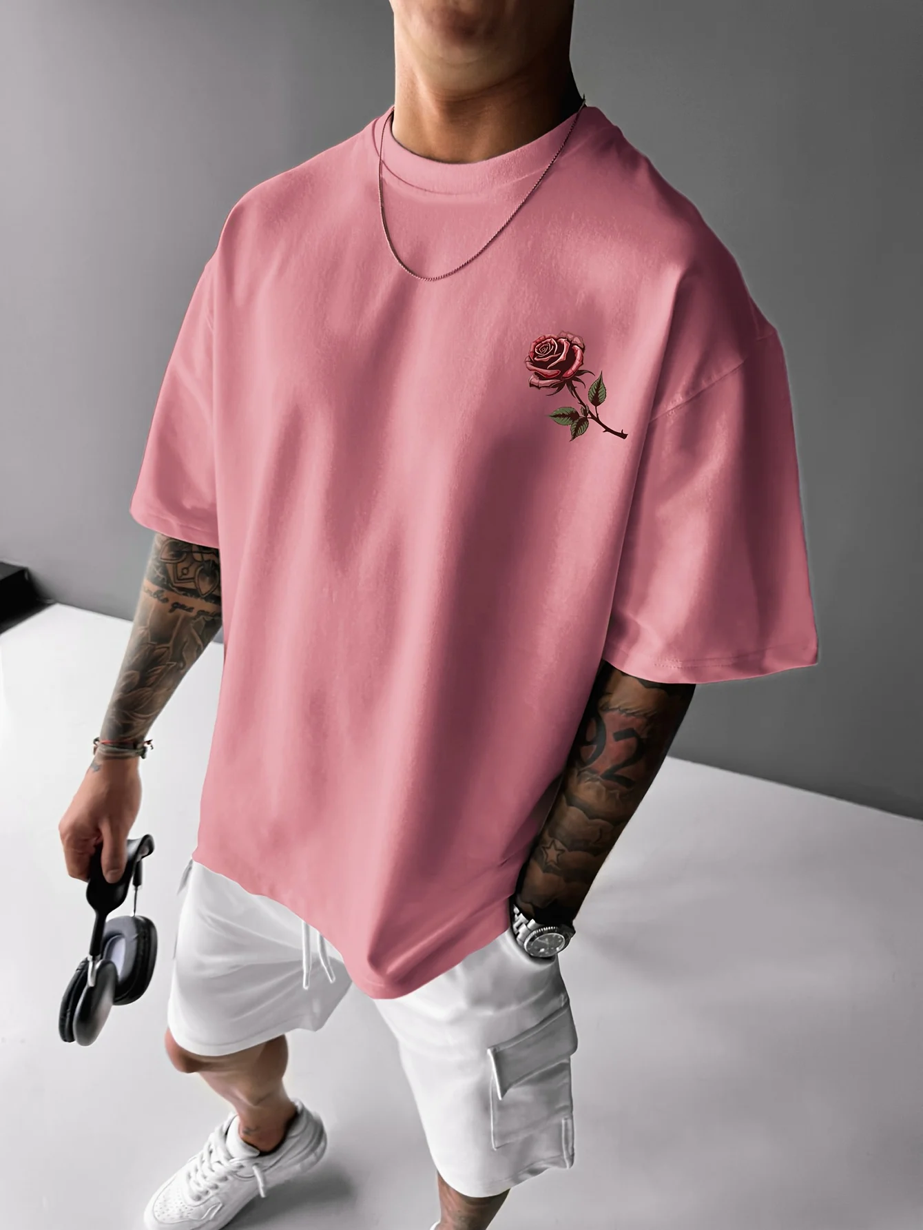 تي شيرت رجالي 100% من القطن الخالص كاجوال فضفاض رياضي هيكل عظمي للنساء وطباعة وردة حمراء برقبة دائرية وأكمام قصيرة #2