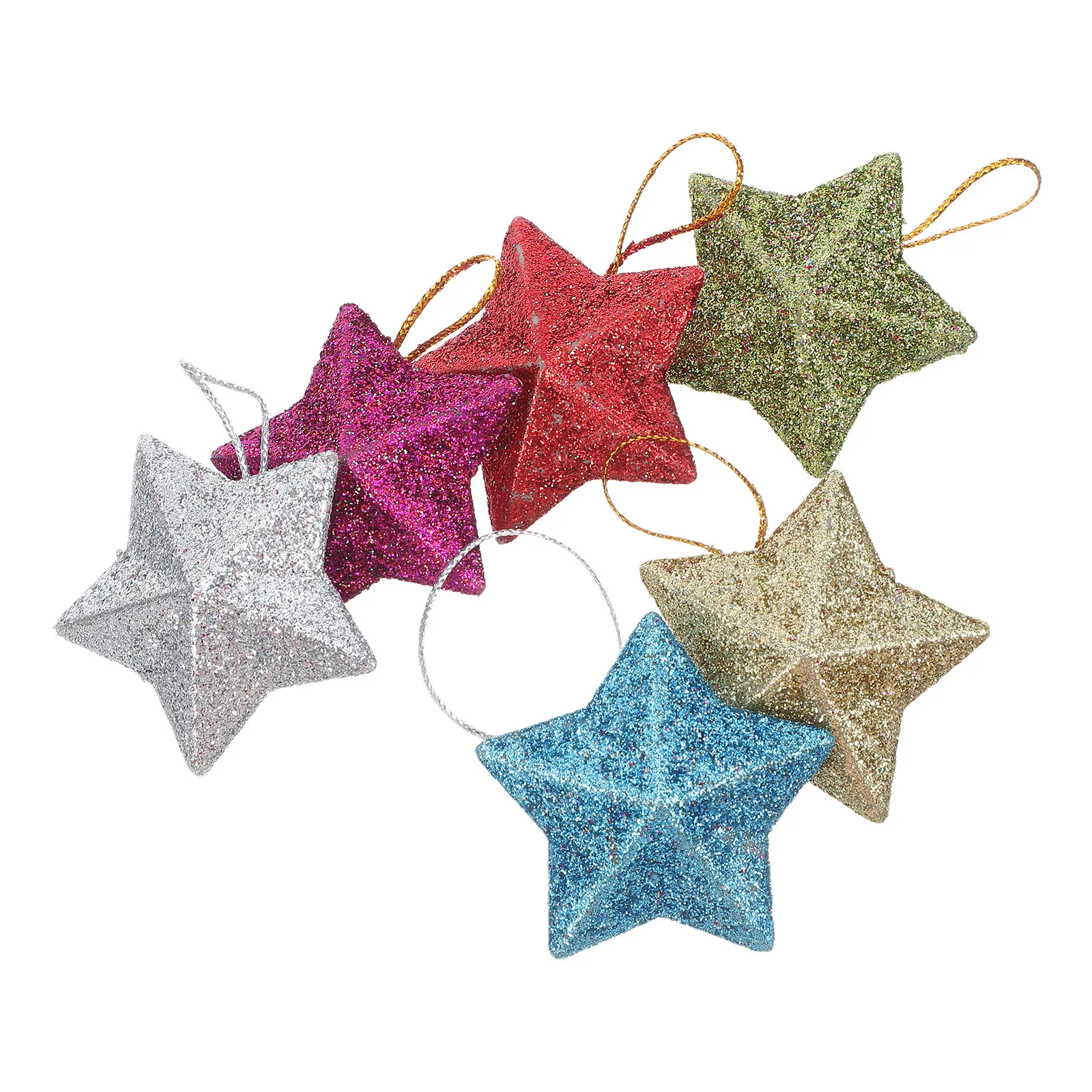 6Pcs Christmas Star Ornament Glitter Plastic Five-Pointed Hanging Decorations Festival Wedding Birthday Party Ceiling Decor