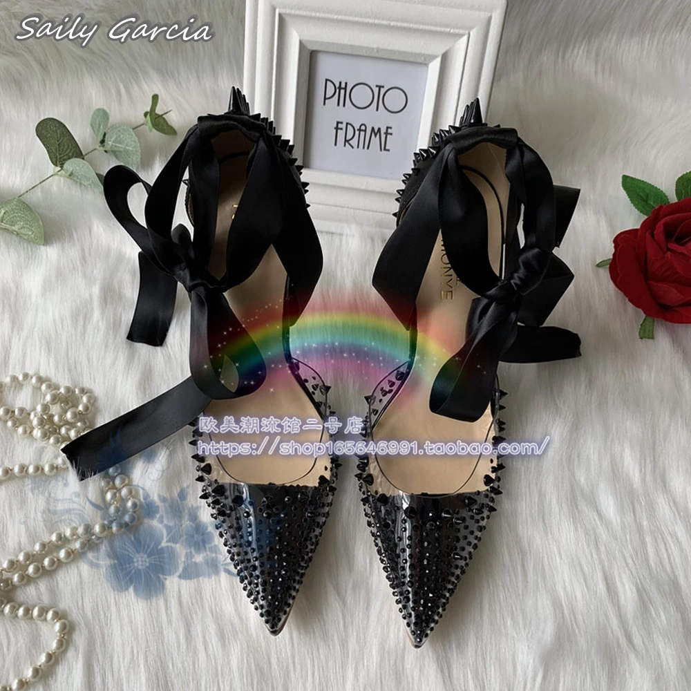 Sequined Cloth Bling Rivet Lace Up Stiletto High Heels 2024 Spring New Fashion Shallow Pumps Large Size Luxury Party Sandals