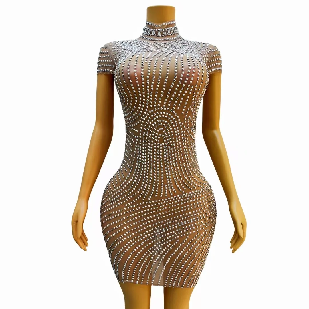 

Sparkly Silver Crvstals Nude Mesh TransparentDress Women Dance Stage Evening Party SexyCostume Celebrate Colection C155