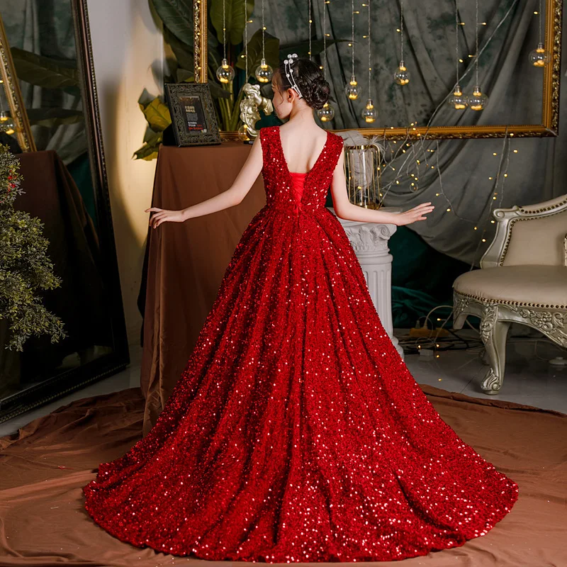 

Длинное пышное платье для выпускного вечера, торжественного дня рождения, роскошное вечернее блестящее бальное платье, красное вино, с блестками, пышные платья русалки для девочек-цветочниц