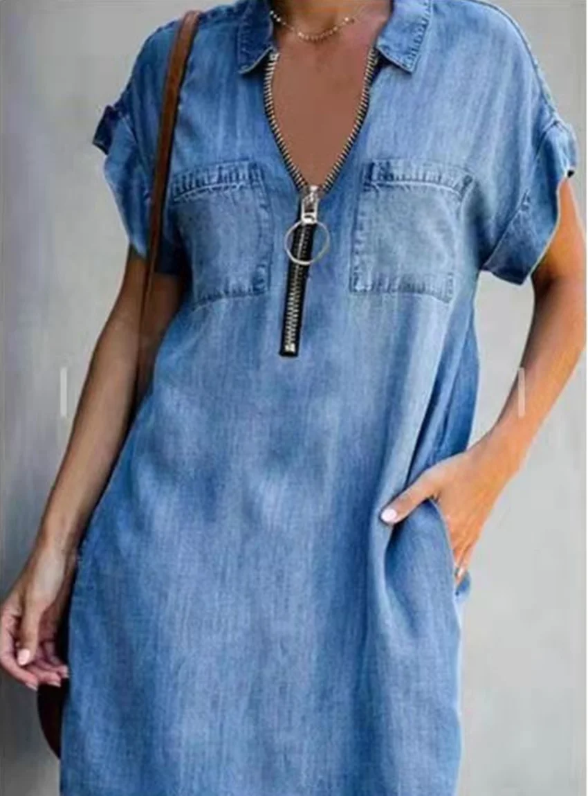 New style pocket solid color denim dress casual dress, multi-functional denim dress day, often casual and fashionable