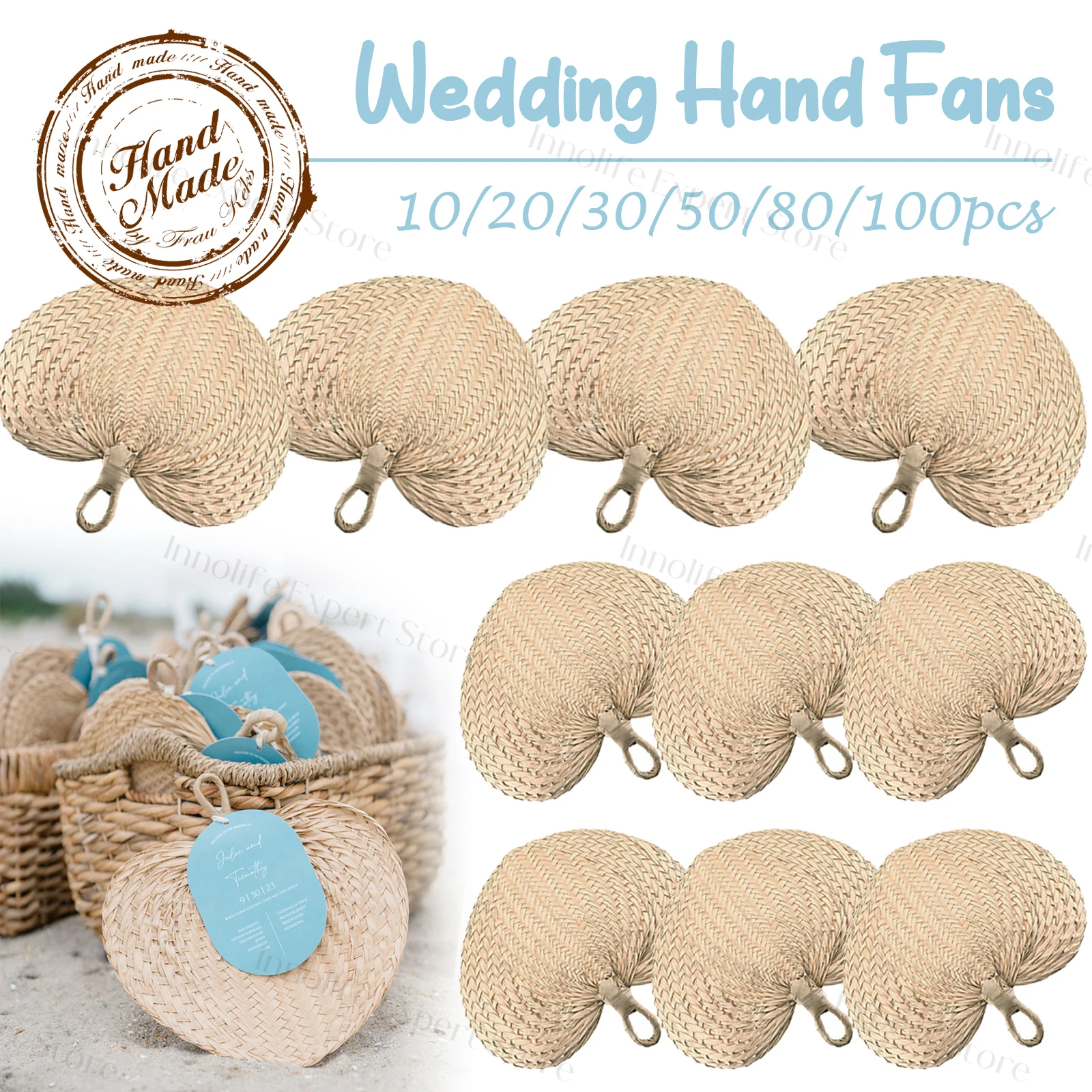 

10-100PCS Natural Raffia Fans Wedding Hand Fans Wedding Favors Palm Leaf Hand Fan for Wedding Beach Havana Party (3 Size)