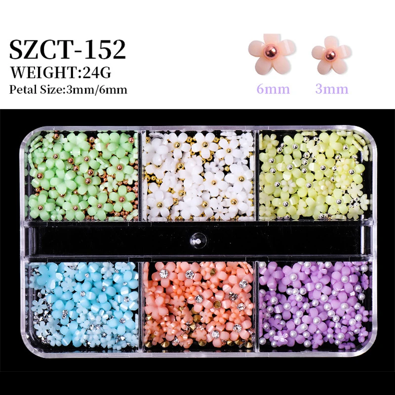 6 Gitter Acryl Blume 3d Nail Art Dekorationen Harz Charms Gold Perlen Kaviar Perle gemischte Strass steine Zubehör Maniküre Werkzeuge