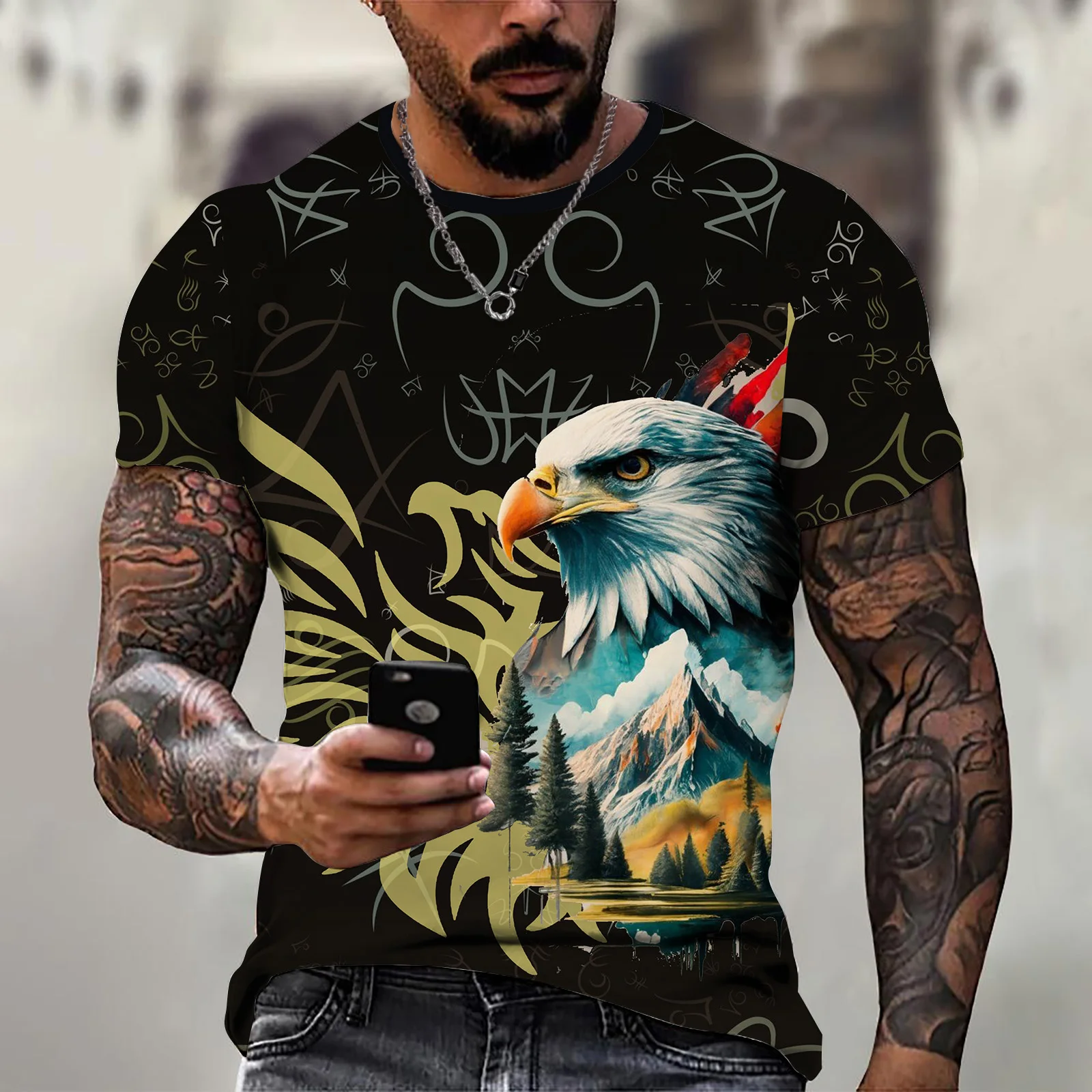 

Summer Butterfly and Eagle Printing T-shirt Men's Crew Neck Tops Male Comfortable Sports Short Sleeve Y2k Clothes Oversized Tees