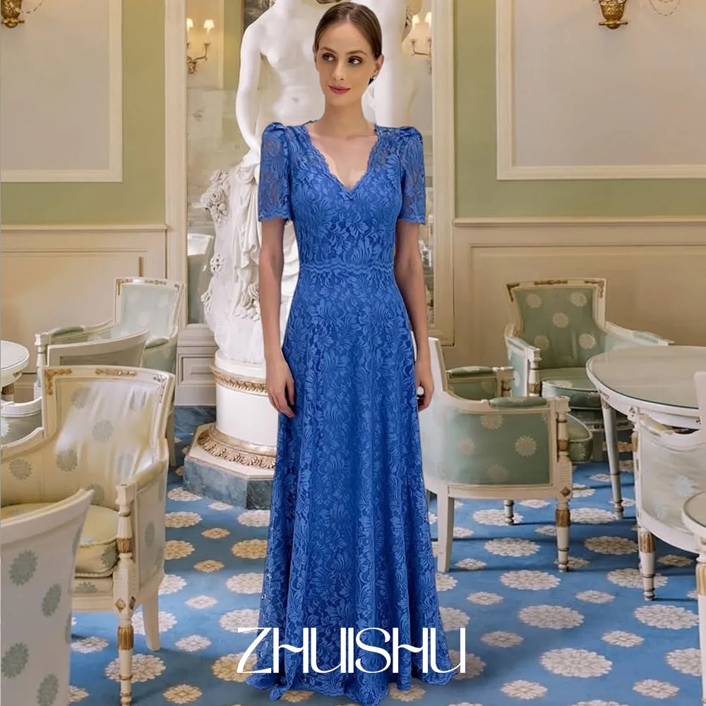 

ZHUISHU Королевское синее кружевное платье для матери невесты, свадебное платье для гостей, роскошное женское вечернее платье трапециевидной формы с v-образным вырезом и короткими рукавами