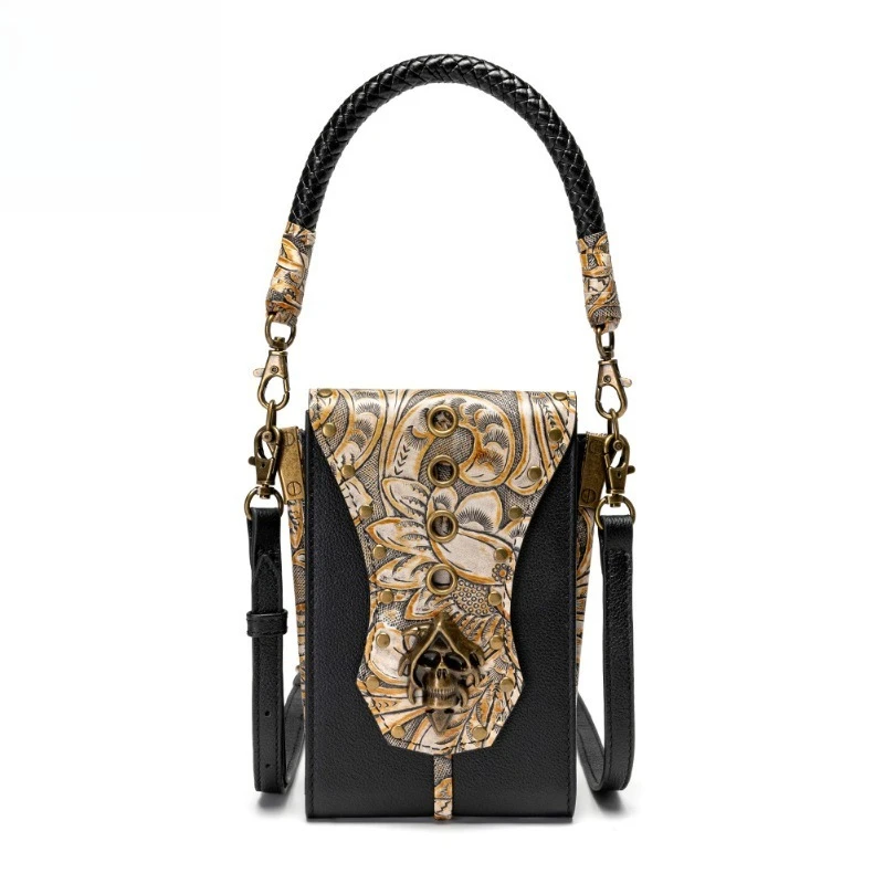 

Leather handbag, women's rivets, mobile phone fanny pack, small square bag, first layer cowhide single shoulder messenger bag.