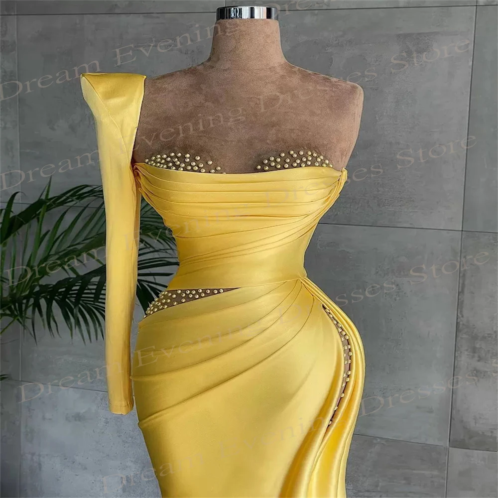 Robe de soirée sirène classique jaune pour femme, robe perlée à manches longues, Rhde promo moderne, 2024 belle, F. C.