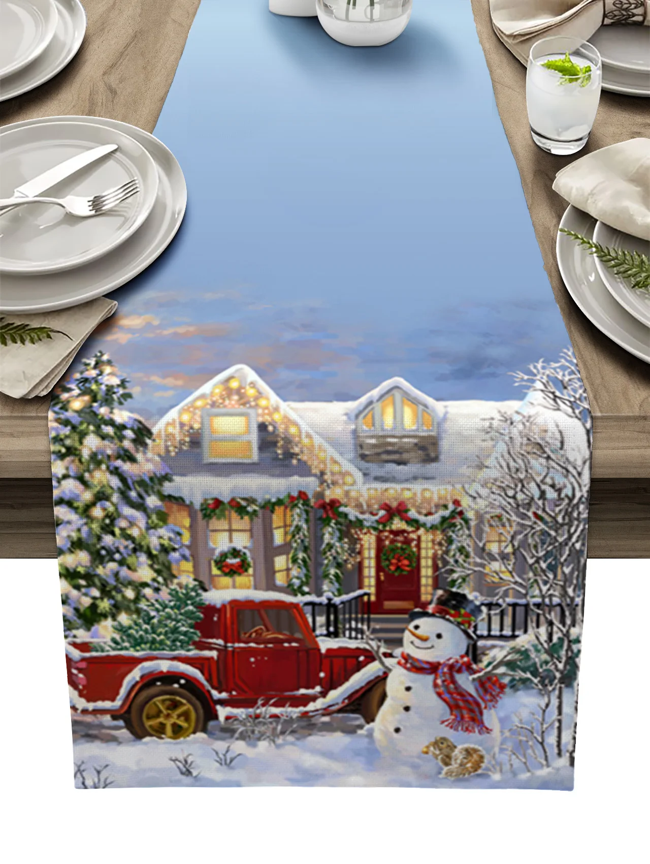 Christmas Snowman Houses Christmas Tree Truck Table Runner Table Decor 2024 Home Tablecloth Xmas Ornament Navidad New Year Gift