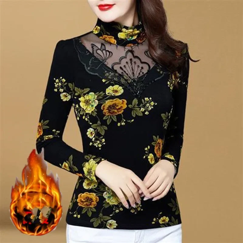 

Autumn and Winter Women's Pullover Turtleneck Lace Hollow Out Printing Underlay Fashion Casual Elegant Commuter Long Sleeve Tops