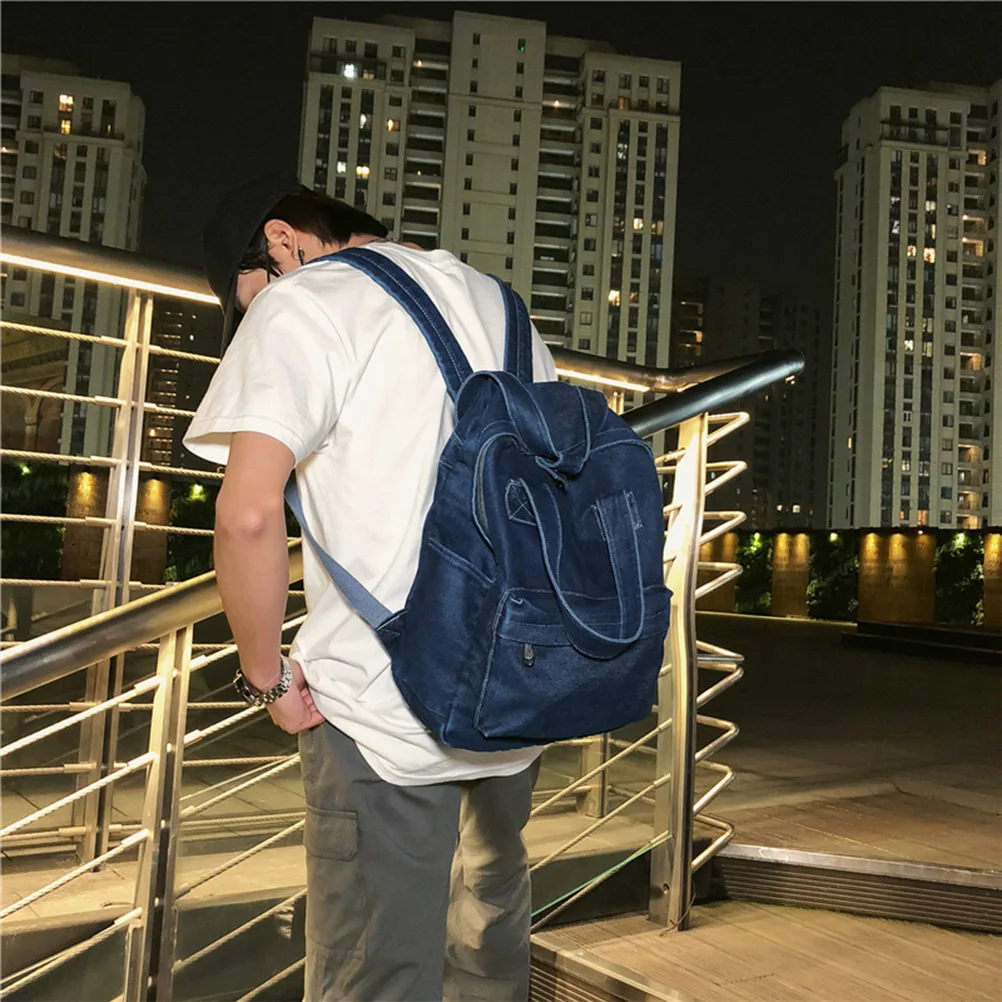 진한 파란색 데님 배낭 대용량 패션 숄더 백 30x11x36cm 남자 여자를위한 학교 학생 가방 데님 배낭