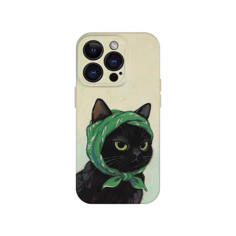 

Green Scarf, Black Cat Cartoon Phone Case for IPHONE 17 Air 16E 15 PROMAX 14 Plus 13 12 MINI 11PRO 16Plus XR Acrylic Phone Cover