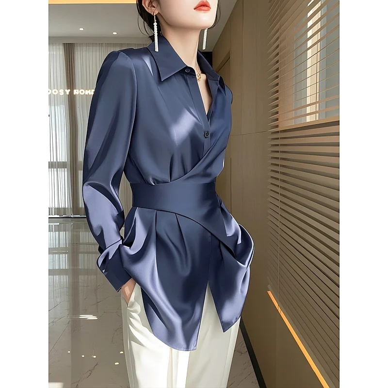 

2025 Spring Autumn French Style Blue Satin Blouse for Women Elegant Unique Design Waist Slimming Cool Chic Aesthetic Shirt Top