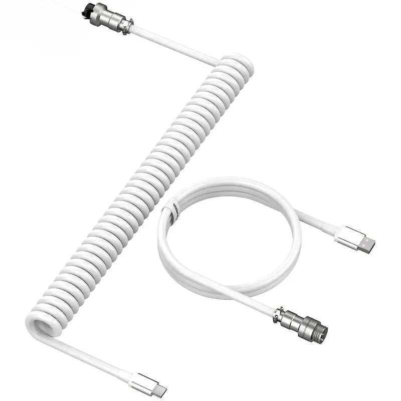 Coiled Keyboard Cable, Detachable Metal Aviator Connector, Double Sleeved Type C to USB-A Cord for Mechanical Gaming Keyboards