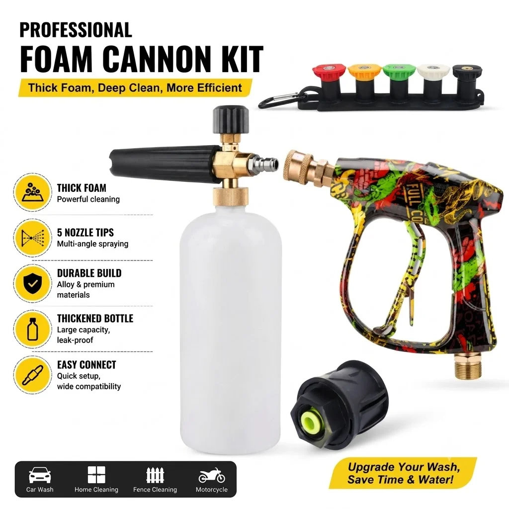 All-in-One High Pressure Wash Gun Set Equipped with Foam Cannon, Multi Nozzles and Nilfisk Fitting