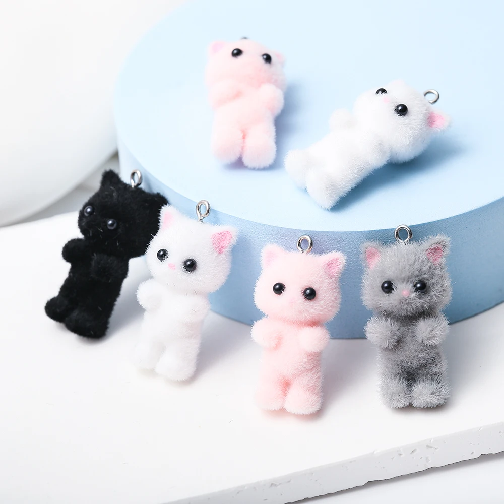 4PCS Kawaii Cat Pendant 3D Fluffy Flocking Animal Cat Charms Miniature Dolls Keychain Necklace Pendant DIY Crafts Jewelry Make