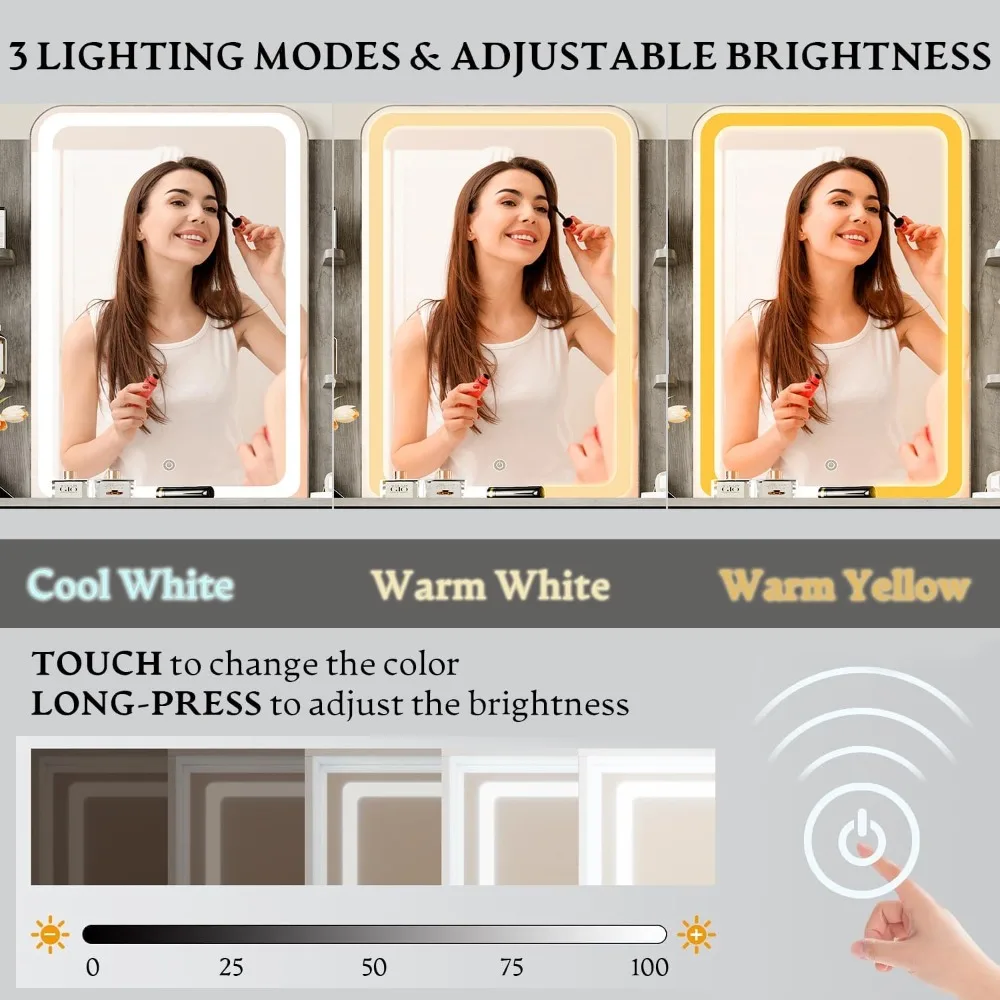 Toaletka z oświetleniem LED, lustrem i gniazdem zasilania, kompaktowy zestaw do makijażu z szufladami i krzesłem, 3 tryby oświetlenia