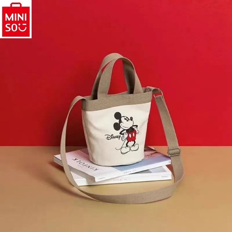 MINISO Disney Cute Mickey Cartoon Canvas Mickey Bucket Bag Women\'s Fashion Versatile Handbag