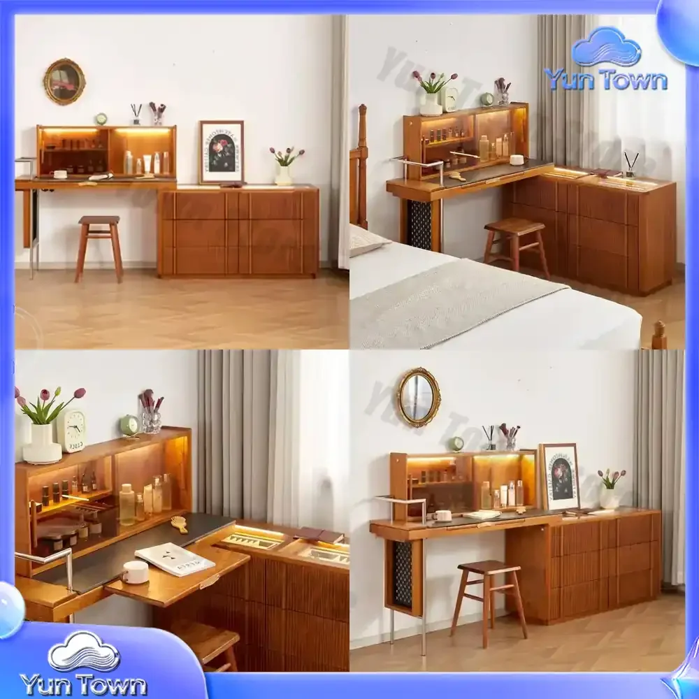 Folding Outlet Glass Vanity Tables Wood Woman Brown Storage Drawers Dresser Makeup Luxury Nordic Coiffeuse Bedroom Furniture