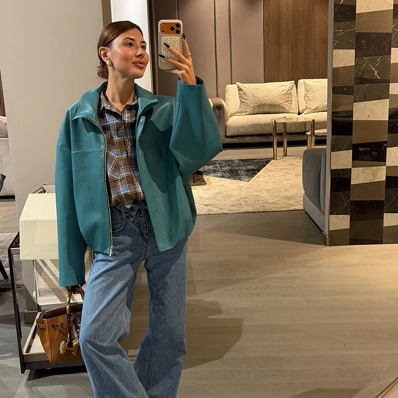 Übergroße Kunstlederjacken für Damen, Streetwear mit Stehkragen, Langarm, Gerüscht, Einfarbig, Locker Sitzende Mäntel, Schicke Damen-Oberbekleidung – Detail 12