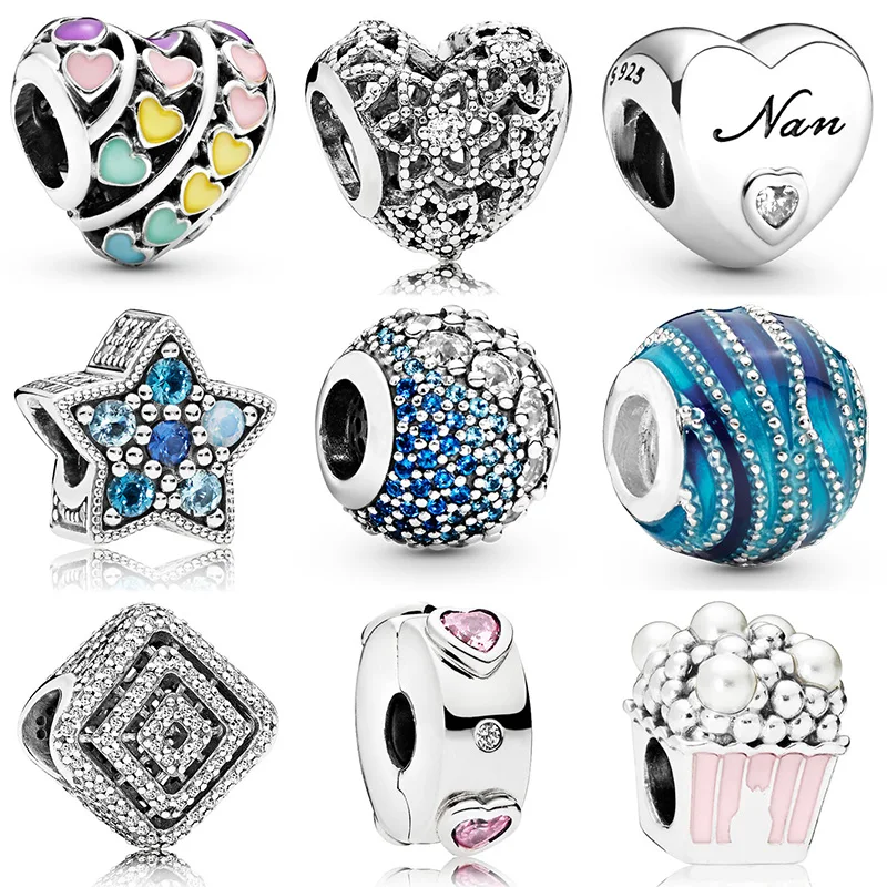 Vendita calda 925 Sterling Silver Love Heart Star Popcorn perle di cristallo perline misura originale Pandora Charms bracciali donna gioielli fai da te