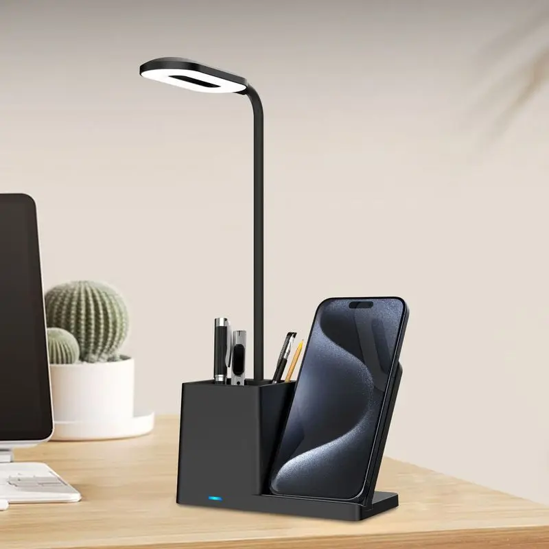 3-in-1 Desk Lamp with 15W Wireless Charger, Pen Holder Phone Stand,Stepless Dimming 3 Color Temperatures Touch Control LED Light