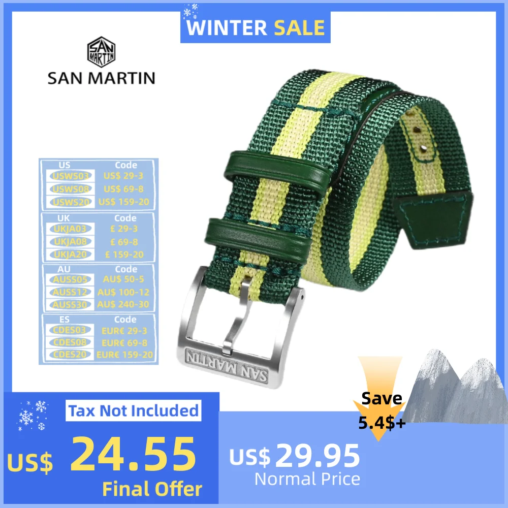 San Martin One Piece Watchband 20mm Leather Nylon Strap Pin Buckle One Piece Contrast Color Band Fashion ремешок Correa SN0116