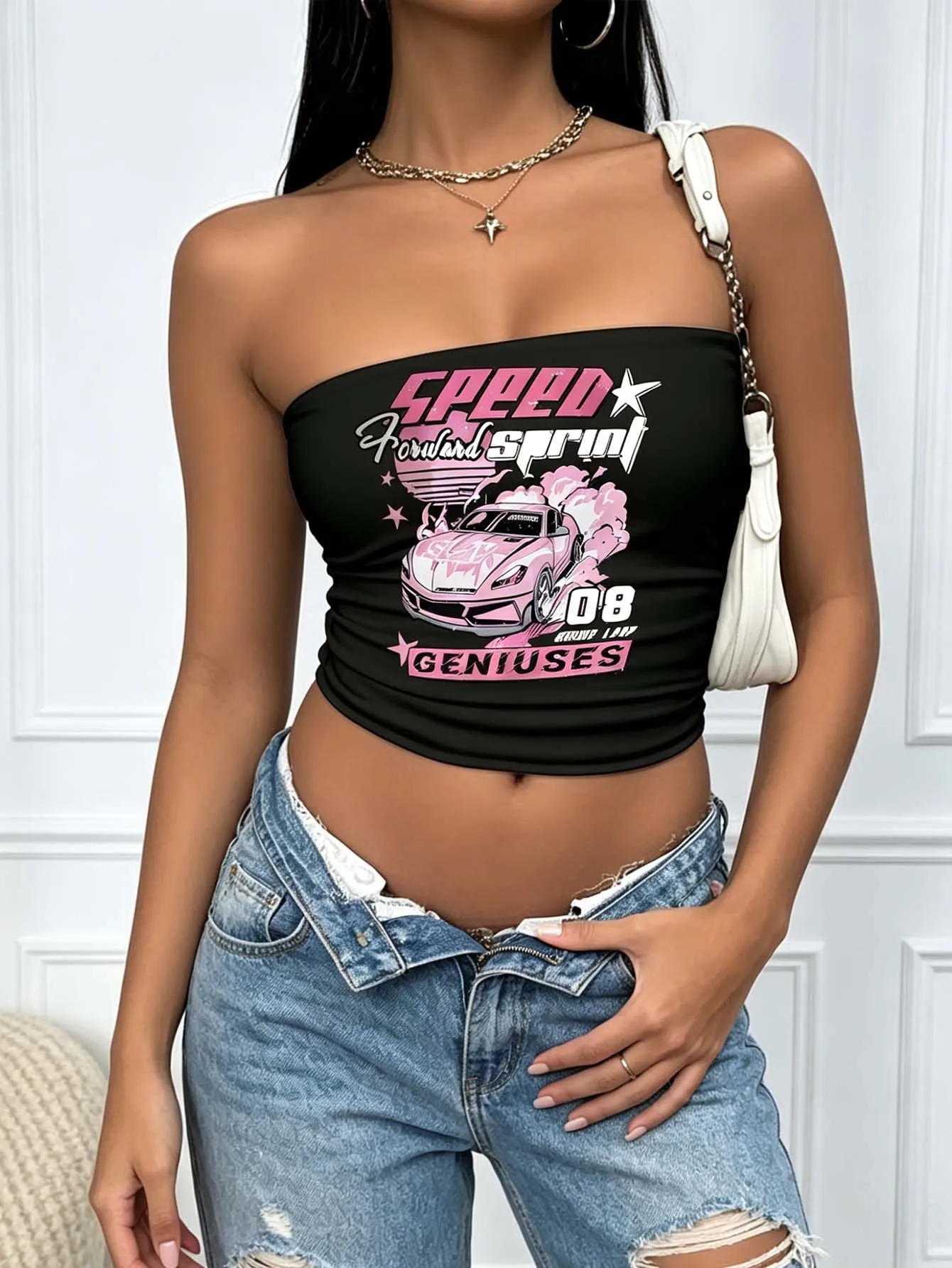Women's retro racing style strapless fitted short-sleeved racerback top, for summer Y2K streetwear look