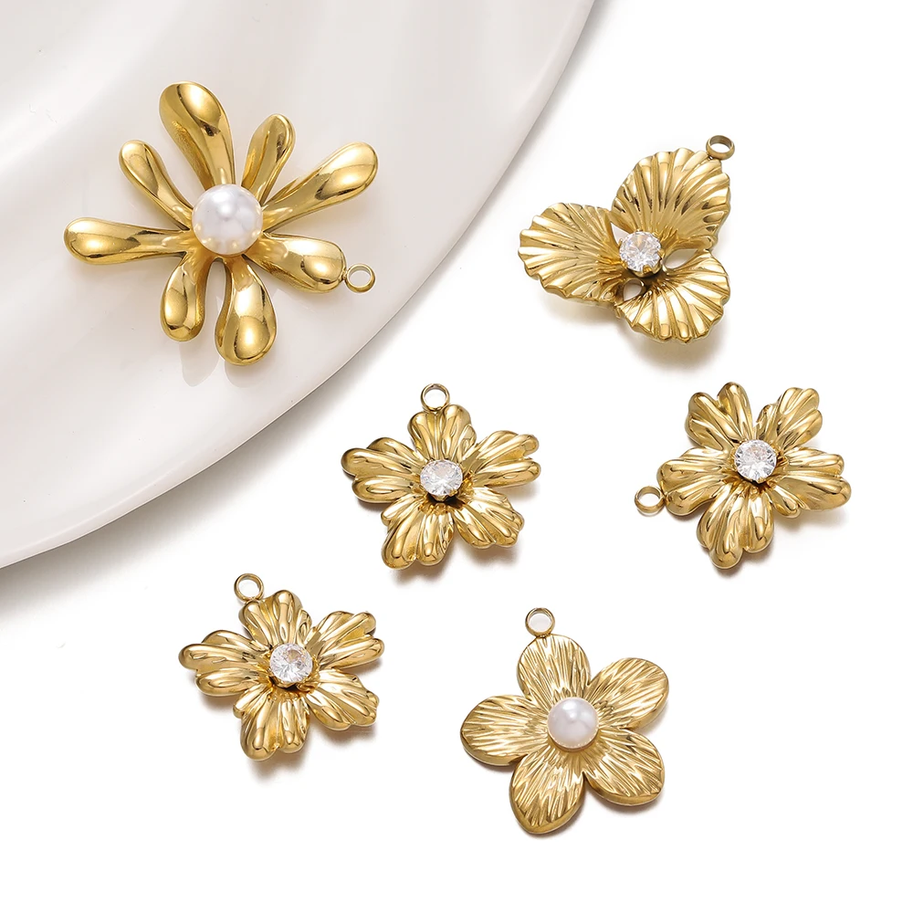 

2Pcs/Lot Stainless Steel Zircon Pearl Flower Charm Large Pendant for DIY Necklace Earring Bracelet Jewelry Making Supplies