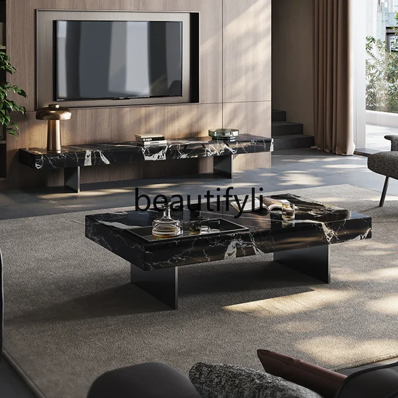 

Living room natural luxury stone texture luxury coffee table modern TV cabinet combination