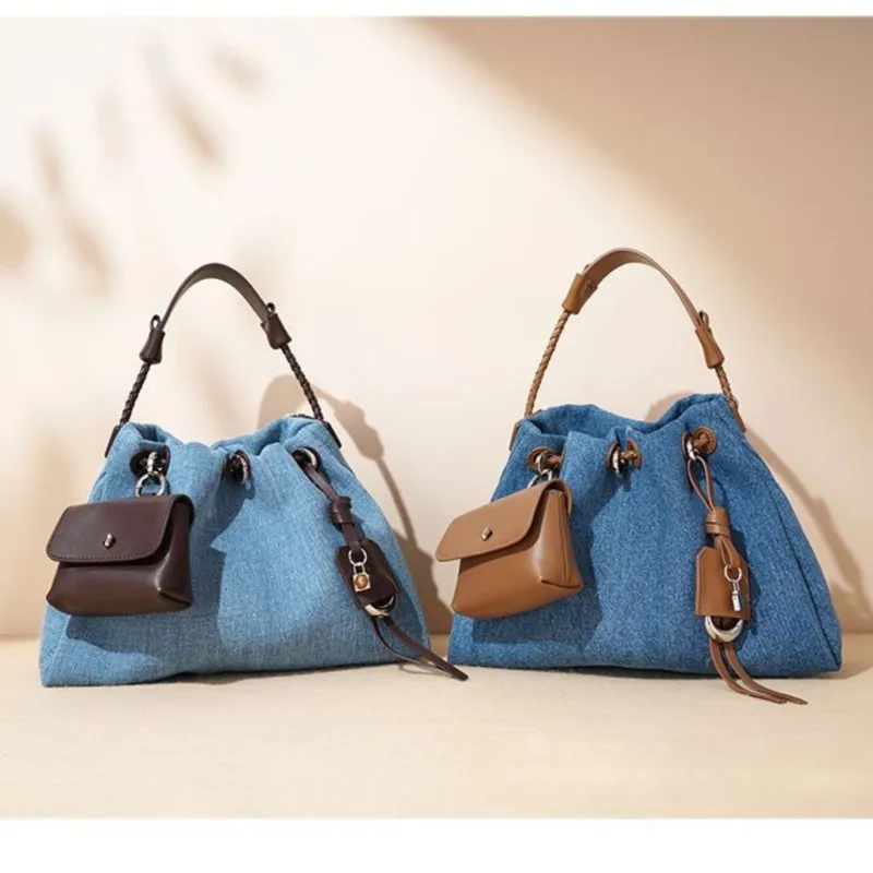 

JIAERDI High Street Denim Bucket Bag Purse Women Retro Handle Luxury Design Casual Crossbody Bags Female Retro Messenger Bag Y2k